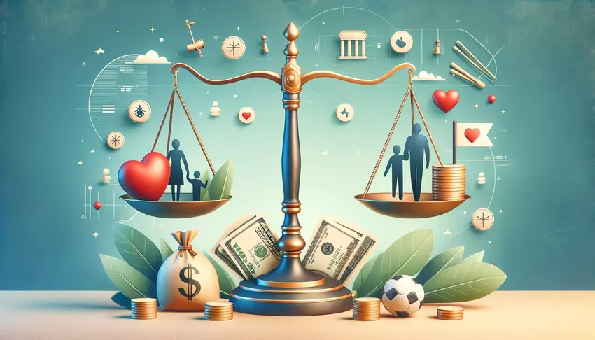 DALLE 2024 05 26 15.30.50 An image promoting responsible gambling. The scene includes a balanced scale with one side holding money and the other side holding a family or heart  cropped