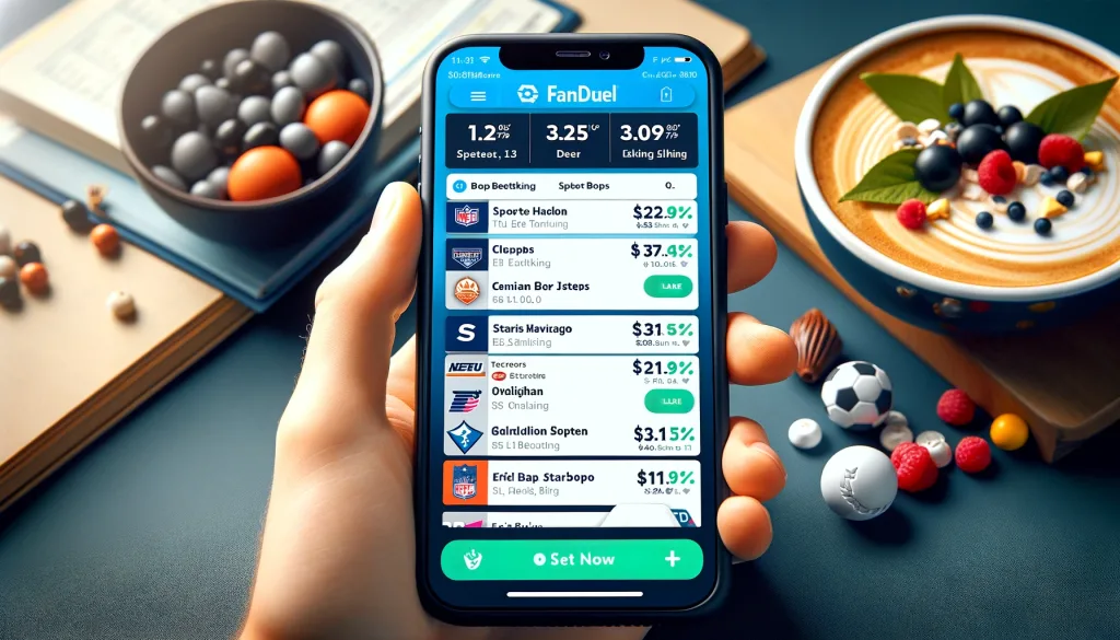DALL·E 2024 05 26 00.26.00 A mobile phone screen showing the FanDuel Sportsbook app with a clean user friendly interface displaying various sports betting options and odds