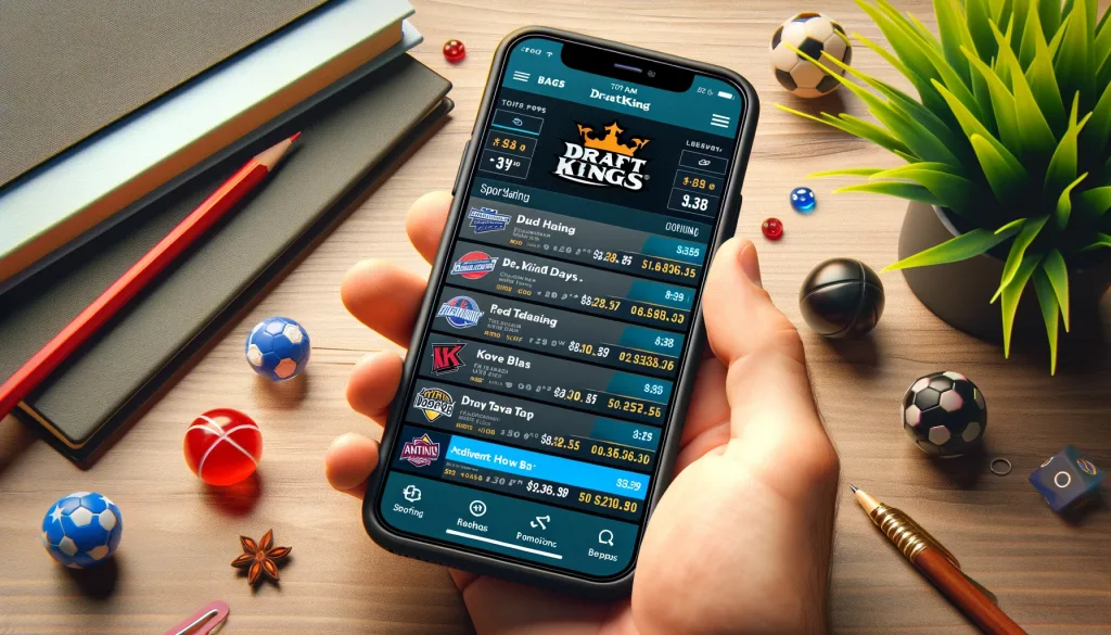 DALL·E 2024 05 26 00.30.41 A mobile phone screen showing the DraftKings Sportsbook app with a sleek design displaying a wide range of sports and betting options with clear odds