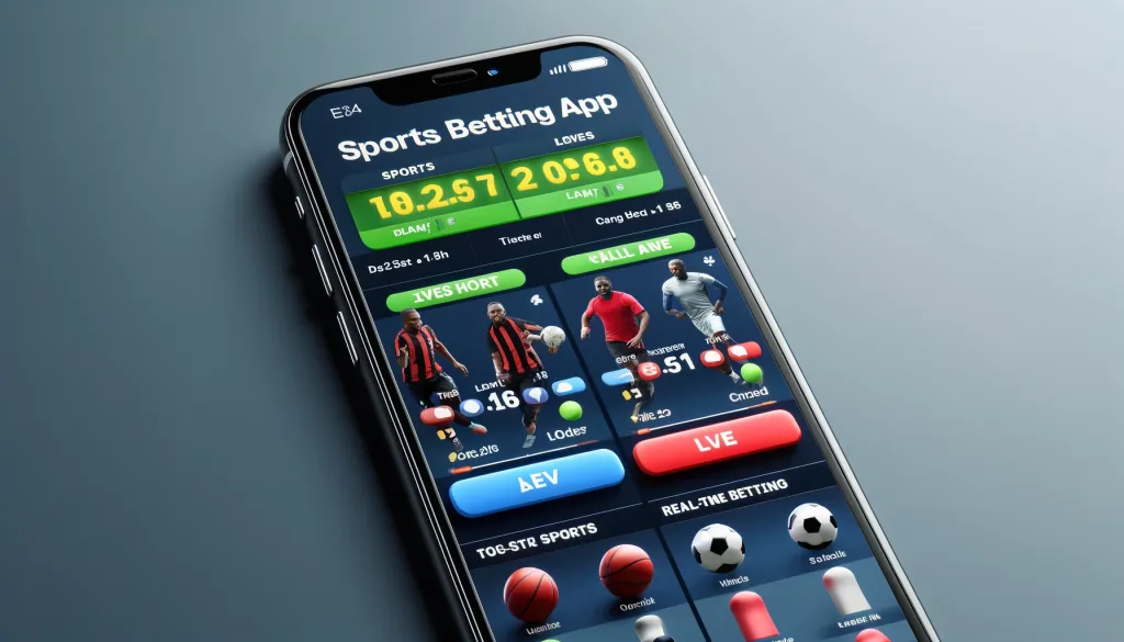 DALL·E 2024 05 26 01.26.48 A mobile phone screen showing a sports betting app interface with live betting options and odds displayed. The app should have a clean user friendly