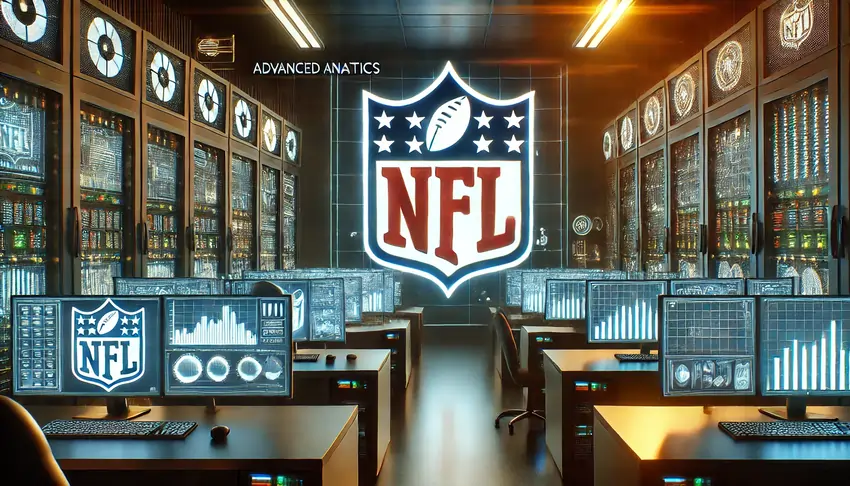 A modern room filled with glowing computer monitors and servers displaying sports data and analytics, with the NFL logo brightly illuminated in the center, symbolizing advanced NFL computer picks and predictions.