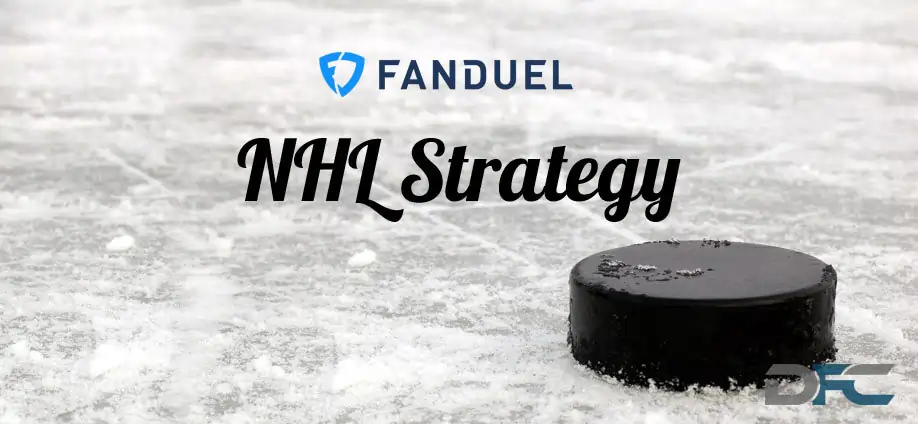 FanDuel NHL strategy illustration featuring a hockey puck on the ice, surrounded by strategic play diagrams, emphasizing smart betting and game analysis.