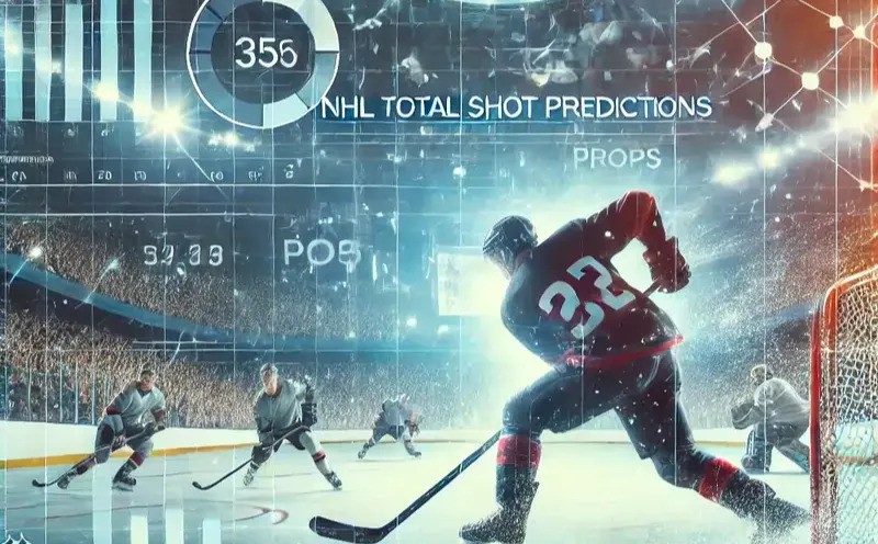 Ice hockey player taking a powerful shot on goal in a brightly lit rink with overlayed data charts and numbers, symbolizing NHL Total Shot Predictions.