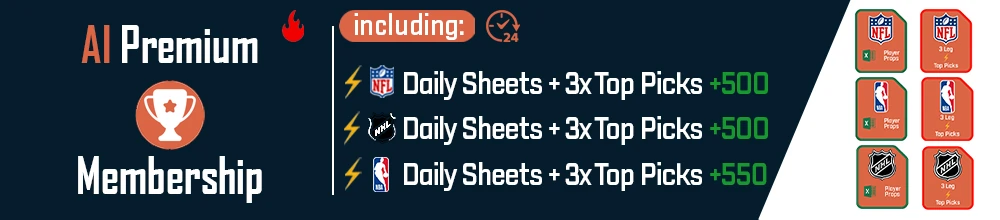 AI Premium Membership includes daily sheets and top picks for NFL, NBA, and NHL with a +500 to +550 win rate.