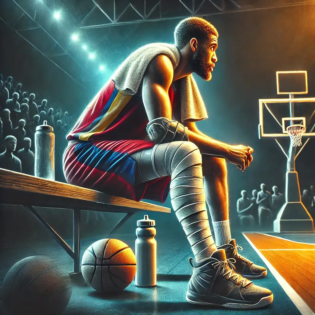 An injured NBA player sitting on the bench, symbolizing the strategic considerations and challenges of answering the question: How To Bet Against Injured NBA Player Props?