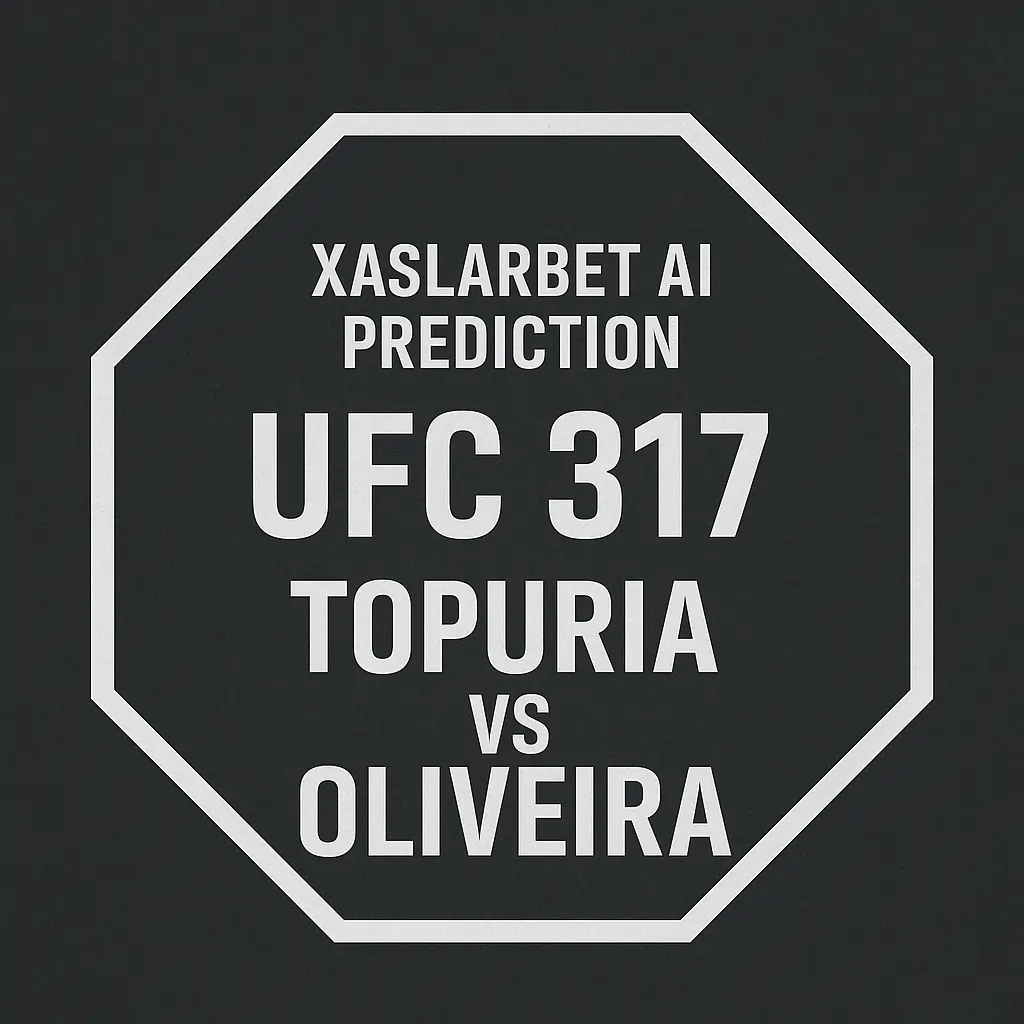 Neutral UFC 317 fight prediction featuring Topuria vs Oliveira inside an octagon design with Xaslarbet AI
